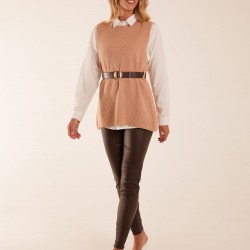 Rib Knit Vest With Blouse With Belt