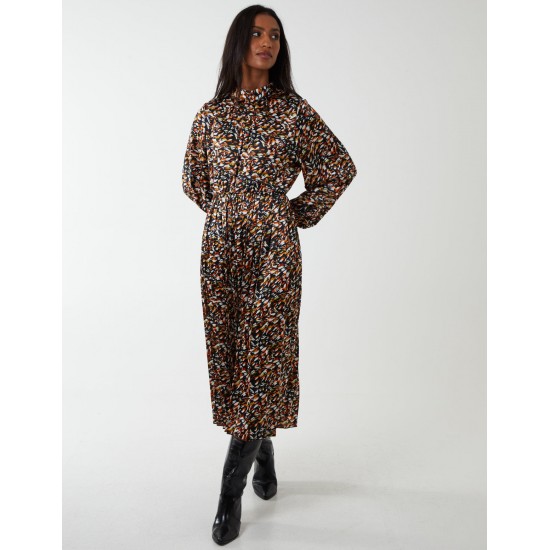 Abstract Animal Print High Neck Blouson Dress Abstract Animal Print High Neck Blouson Dress