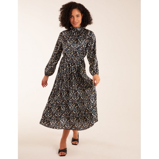 Abstract Animal Print High Neck Blouson Midi Dress Abstract Animal Print High Neck Blouson Midi Dress